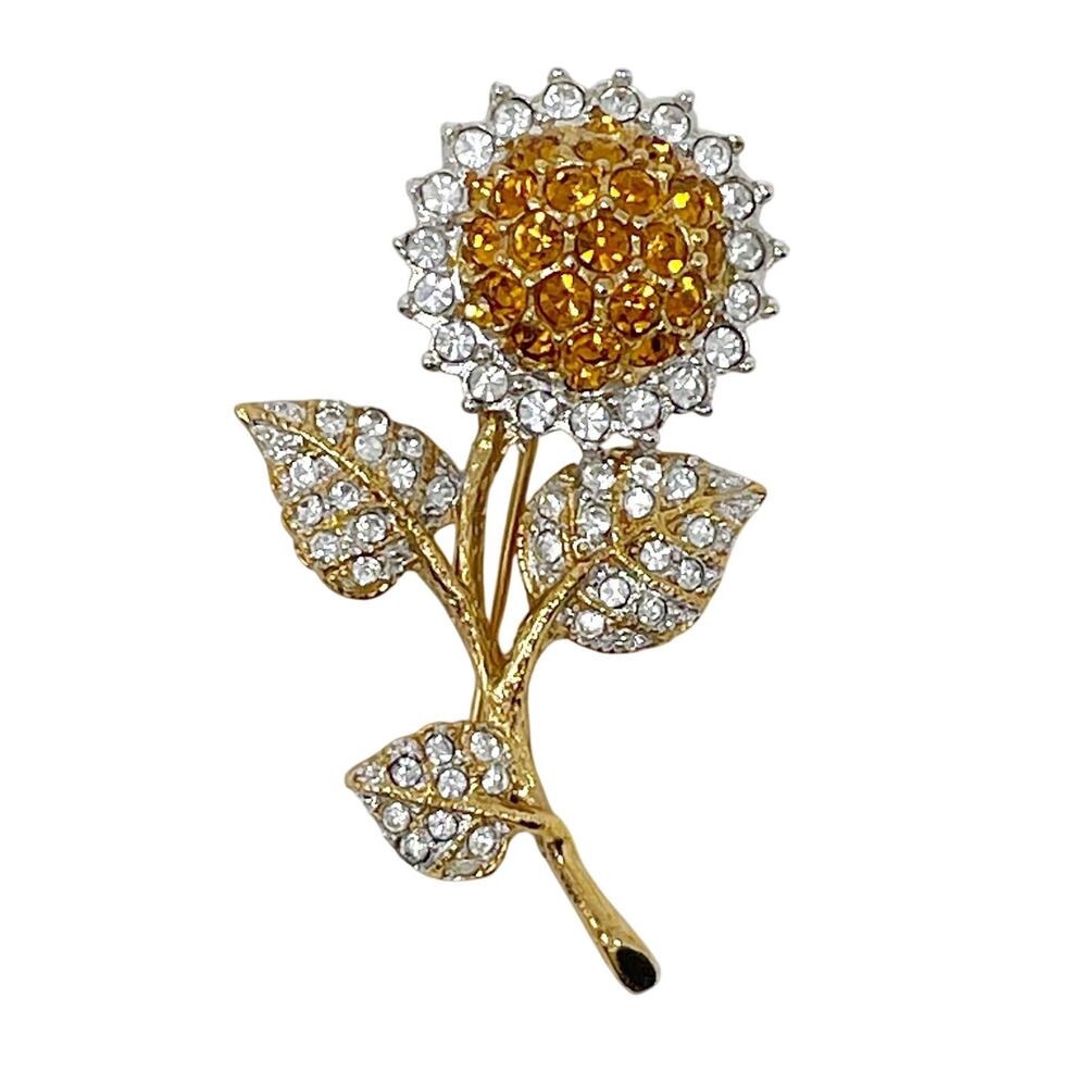 Gold Tone Rhinestone Yellow Stone Sunflower on Stem Brooch Pin Unsigned 2 Inches